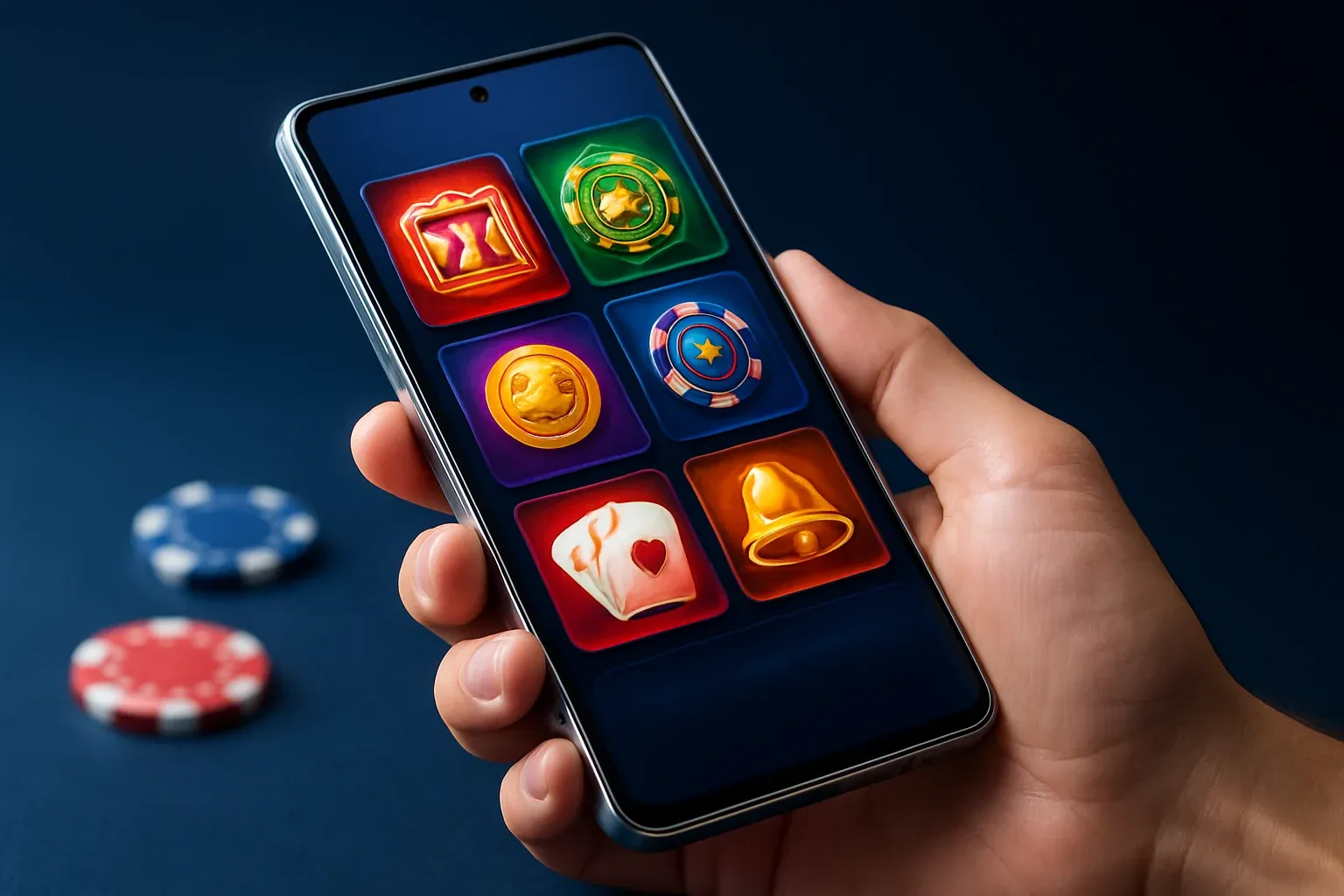 Flagship Android smartphone showing vivid casino app interface with dramatic lighting
