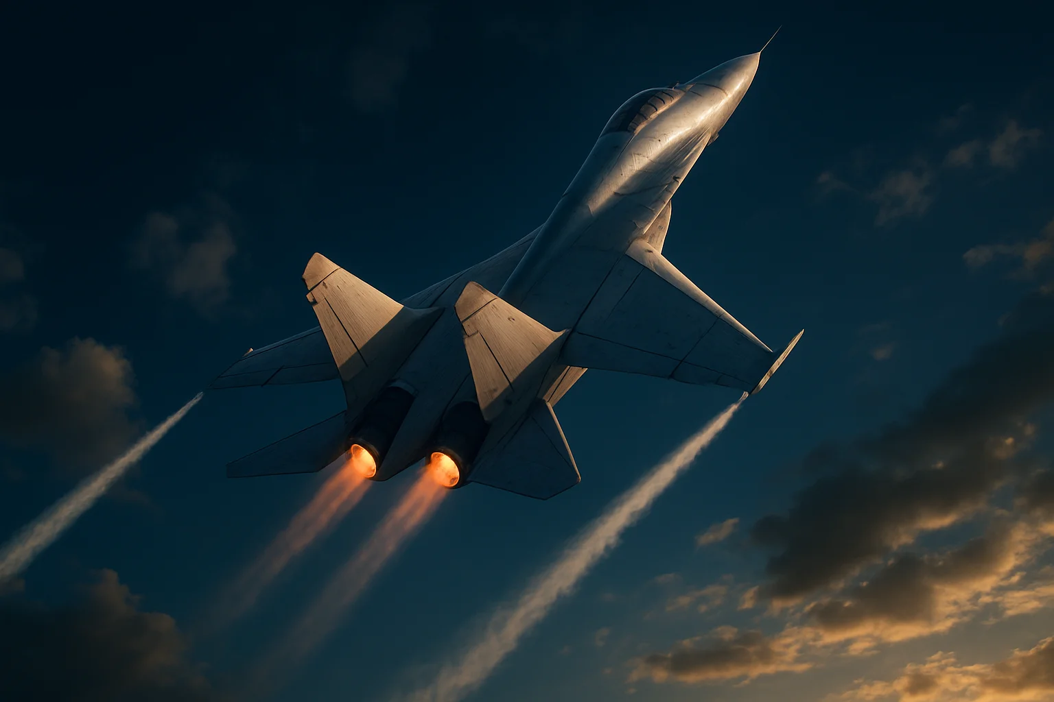 Hyperrealistic white jet climbing steeply in deep blue sky with contrails
