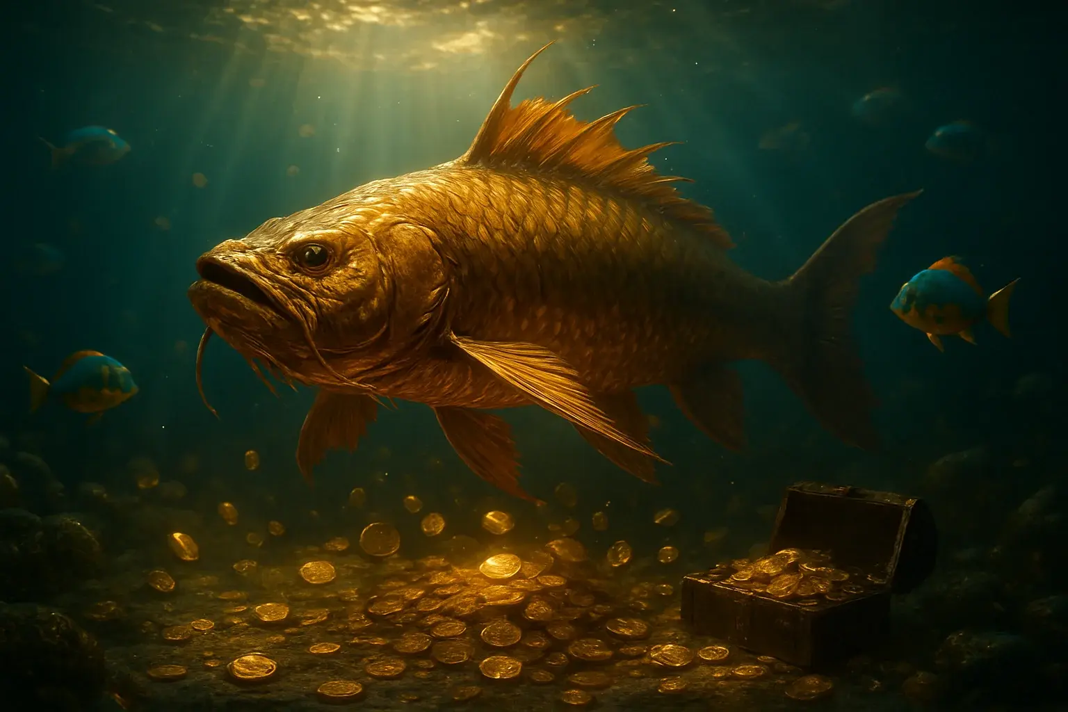 Hyperrealistic underwater golden dragon fish with glowing coins and treasure