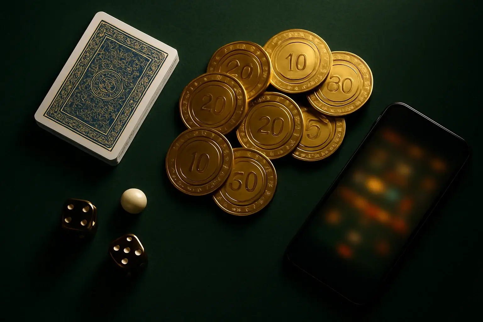 Top-down premium casino table with gold chips, cards, dice, roulette ball, smartphone