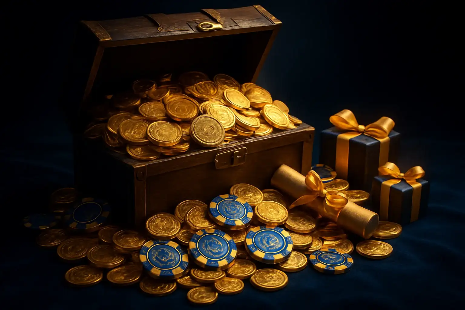 Overflowing treasure chest with gold coins, casino chips, vouchers, and gift boxes