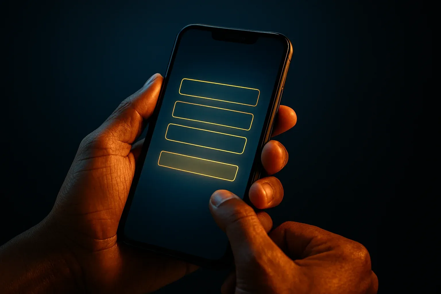 Filipino man hands holding smartphone with blurred registration screen, blue gold glow