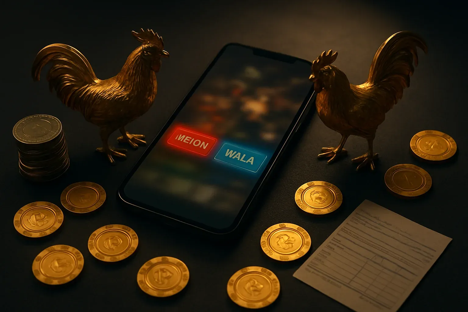 Cinematic flat-lay of smartphone sabong betting screen with golden roosters and coins