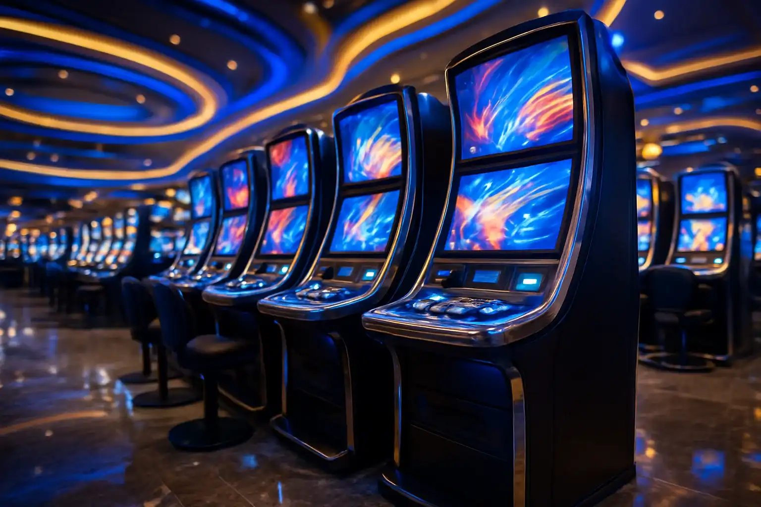 Hyperrealistic wide shot of Manila casino slots floor with blue gold lighting