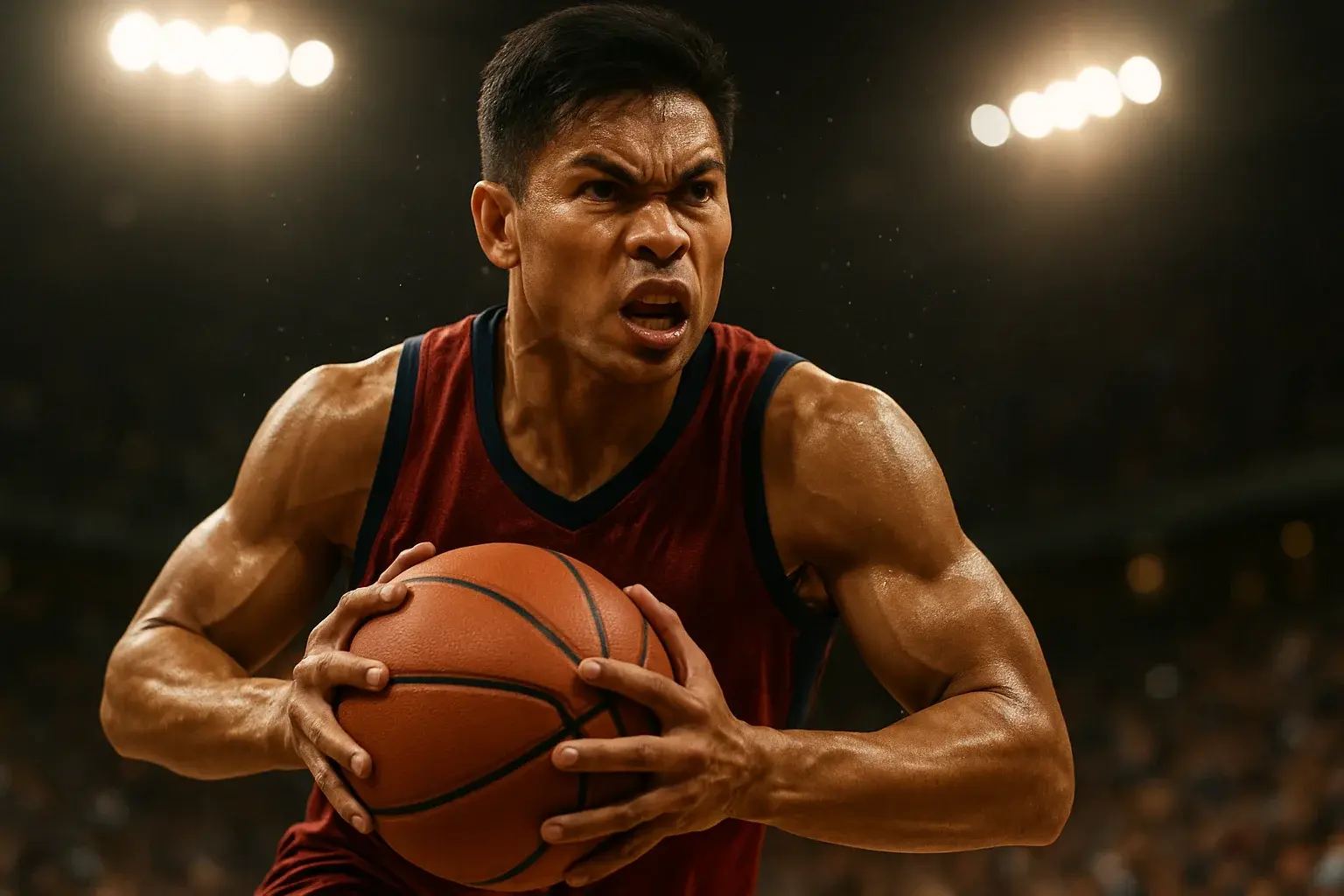 Filipino PBA player mid-air power drive, intense focus, arena lights